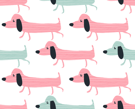 Vector seamless pattern, funny dachshund dogs in pink and blueのイラスト素材
