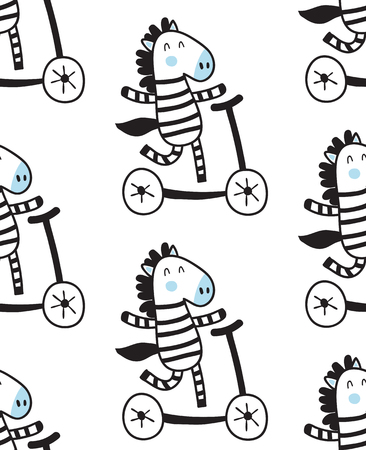 vector seamless pattern, happy zebra skating on white backgroundのイラスト素材