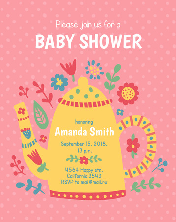 vector template, invitation for a baby shower, cute teapot on dotted backgroundのイラスト素材