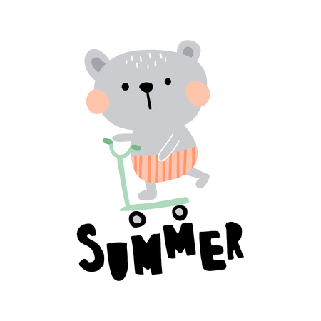vector illustration of a cute bear on a scooter, hand lettering summer textのイラスト素材