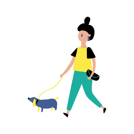 vector illustration in modern style, hipster girl is walking with her dogのイラスト素材