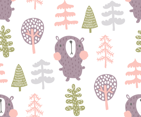 vector seamless pattern, adorable bear walking in woods, among different treesのイラスト素材