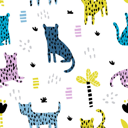 vector seamless pattern, cute little panters on white backgroundのイラスト素材