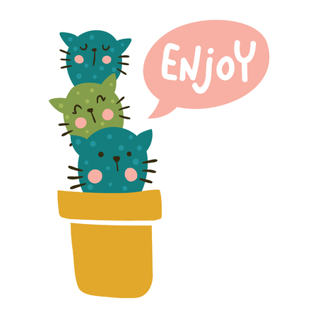 vector illustration, cute three cats sitting in a pot and enjoy hand lettering textのイラスト素材
