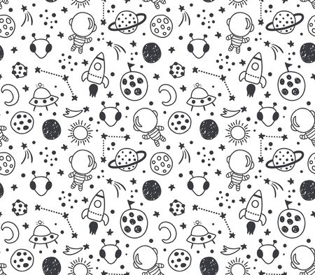vector seamless pattern, cute hand drawn space elementsのイラスト素材