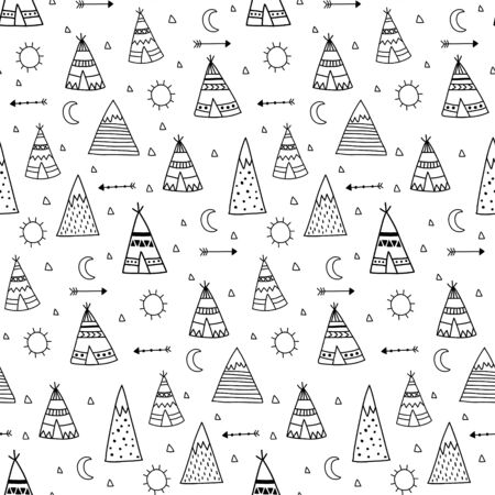 vector seamless pattern of cute hand drawn teepes on white backgroundのイラスト素材