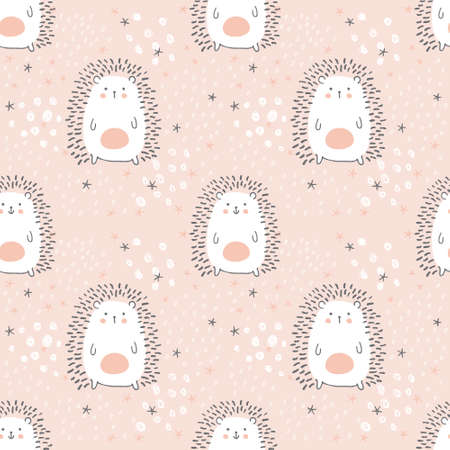 vector seamless pattern, adorable hedgehogs on a pink backgroundのイラスト素材