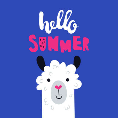 vector illustration of a llama head and hello summer hand lettering textのイラスト素材