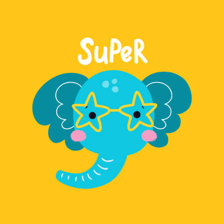 vector illistration, cute elephant head on a yellow background, super hand lettering textのイラスト素材
