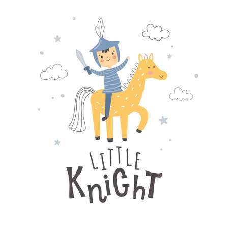 little knight riding his horse and textのイラスト素材