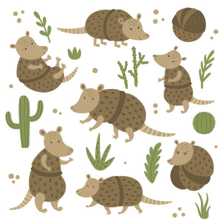 cute armadillo set and cactus on white backgroundのイラスト素材