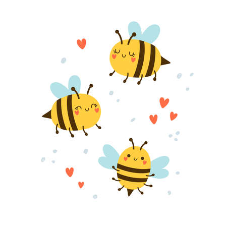 vector set of cute bees and hearts illustrationのイラスト素材