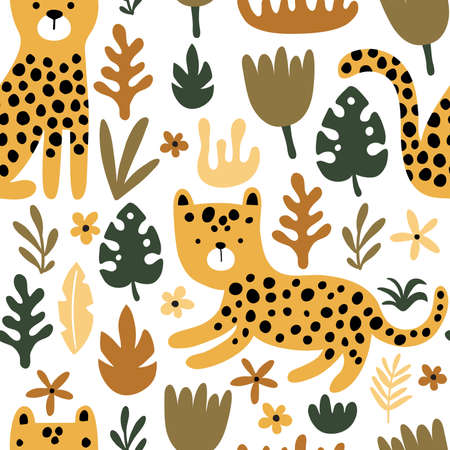 vector seamless pattern with cheetah and leavesのイラスト素材