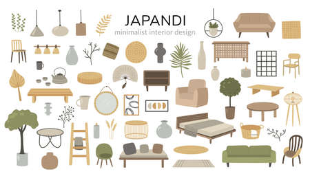 vector set of japandi interior design elementsのイラスト素材