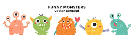 cute vector banner with monsters in a rowのイラスト素材