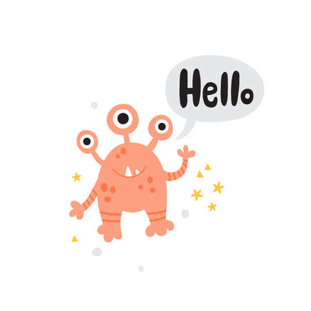 cute vector pink monster and hello lettering textのイラスト素材