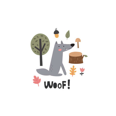 cute wolf illustration and hand lettering textのイラスト素材