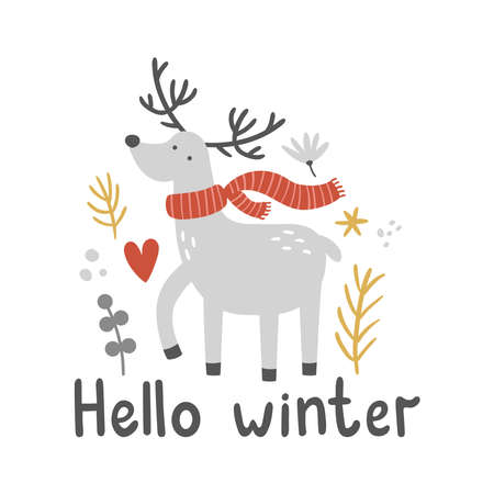 vector illustration deer and hello winter textのイラスト素材