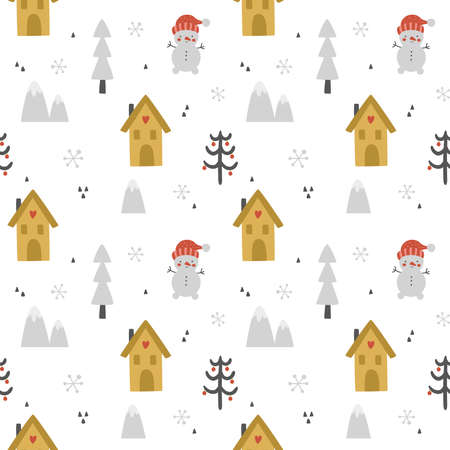 vector seamless pattern with cute winter housesのイラスト素材