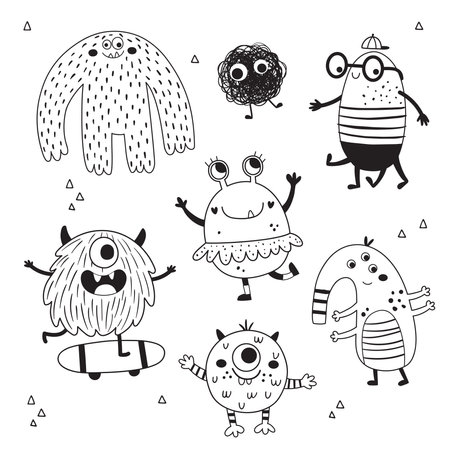 vector set of black monsters on white backgroundのイラスト素材