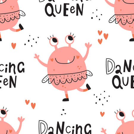vector seamless pattern with dancing pink monsterのイラスト素材
