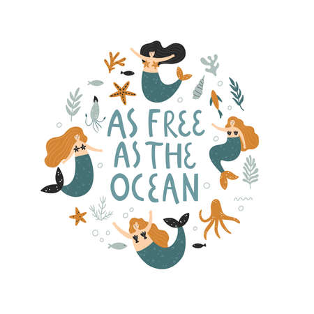 vector design of cute mermaids in circleのイラスト素材