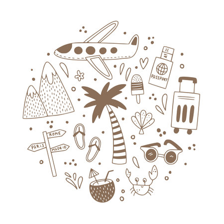 vector doodle style travel concept in a circleのイラスト素材