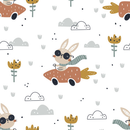 vector seamless pattern with cute driver bunnyのイラスト素材