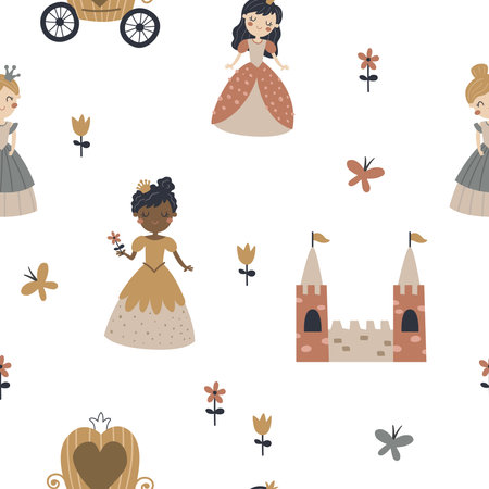 vector seamless pattern with princess and castleのイラスト素材
