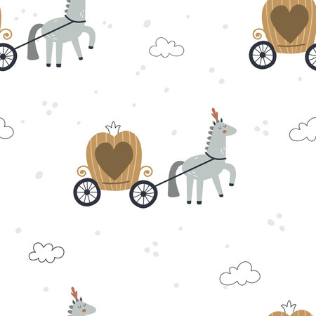 vector seamless pattern with horse and carriageのイラスト素材
