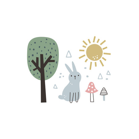 vector boho cute illustration with a rabbitのイラスト素材