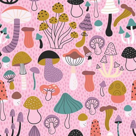 vector seamless pattern with mushrooms on pink bcのイラスト素材