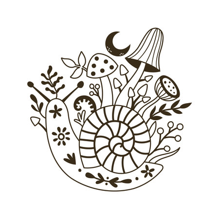 vector black and white image snail and mushroomsのイラスト素材