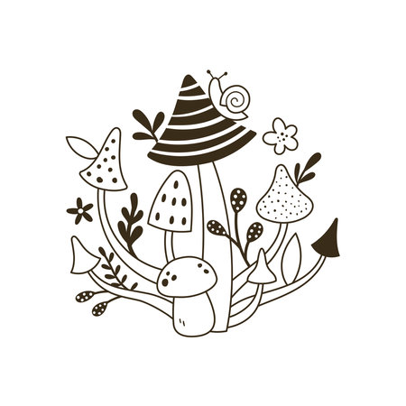 vector black and white image with mushroomsのイラスト素材