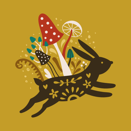 vector image of a black bunny and mushroomsのイラスト素材