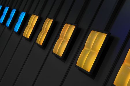 row of blue and yellow lights