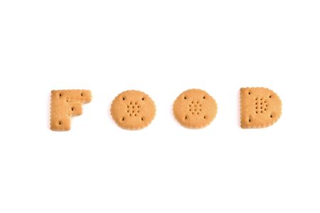 the word FOOD spelled in letter cookies and isolated on white backgroundの写真素材