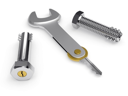 Steel bolts with built-in lock and conceptual key rendered with realistic shadows on white...