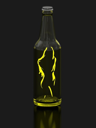 Single bottle of beer with shiny woman's silhouette insideの写真素材