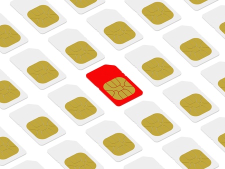 Red SIM card within white ones isolated on white background