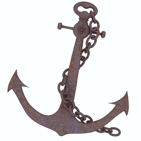 Render of rusty anchor with chain isolated on white backgroundの写真素材