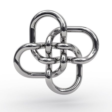 Complex knot of metal pipes rendered with soft shadows on white background