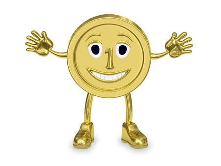 Golden coin represented as a smiling cartoon character with raised arms rendered with soft shadows on white backgroundの写真素材