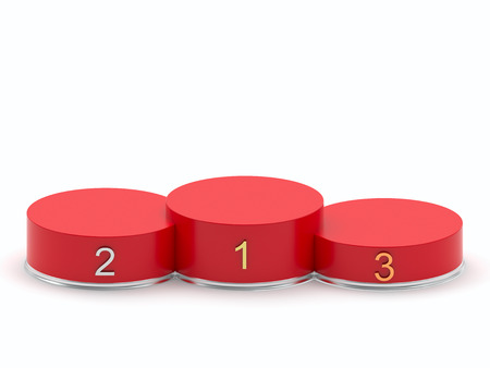 Empty round red podium rendered with soft shadows on white backgroundの写真素材