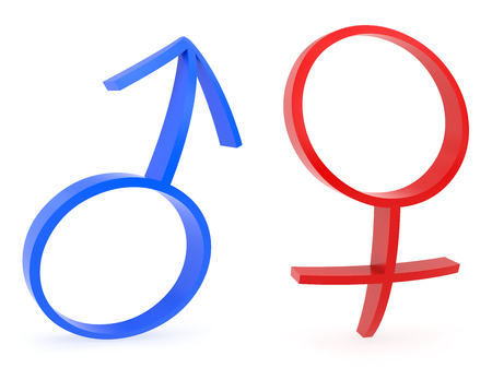 Curved male and female gender symbols rendered with soft shadows on white backgroundの写真素材