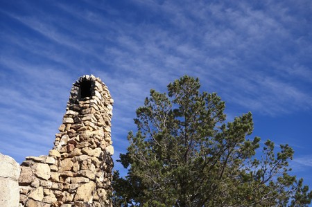 Green tree and old brick wall against the blue skyの写真素材