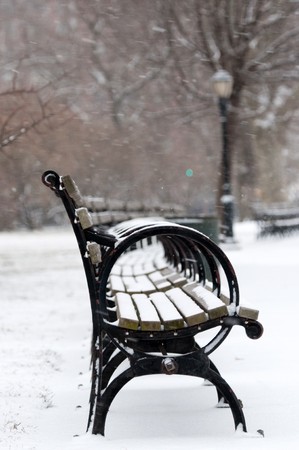 Benches in park under white falling snow against a lanternの写真素材