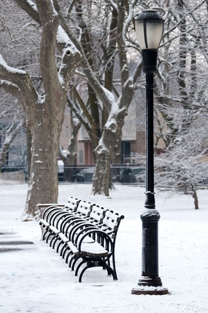Benches in park under white falling snow against a lanternの写真素材