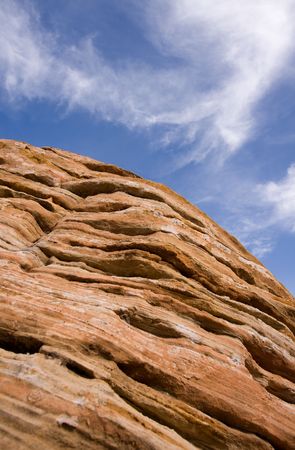 Wide angle view looking up at sandstone rock formation inside Zion National Park, Utah, USA.の写真素材