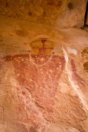 Pictographs painted on rock wall by prehistoric Native American(s) deep in Snake Gulch, Arizona, USA. These paintings date back half a millenia or longer.の写真素材